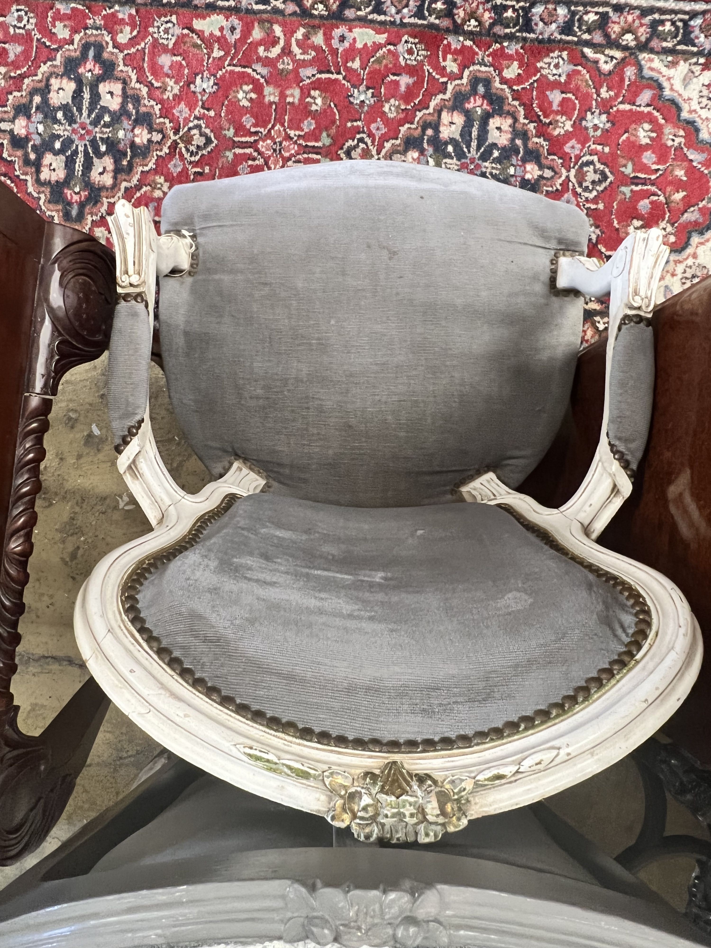 Two Louis XVI style painted fauteuils, larger width 59cm depth 43cm height 85cm